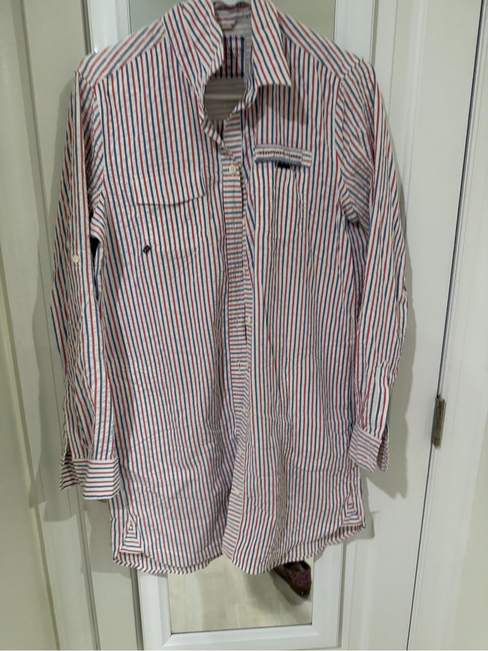 Vineyard Vines Seersucker Striped Button-Down Harbor Cover Up- Red, Blue & White